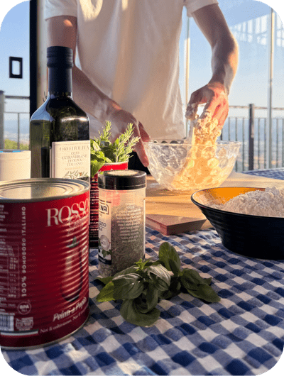 Handmade pizza dough prepared inside a winery in Umbria